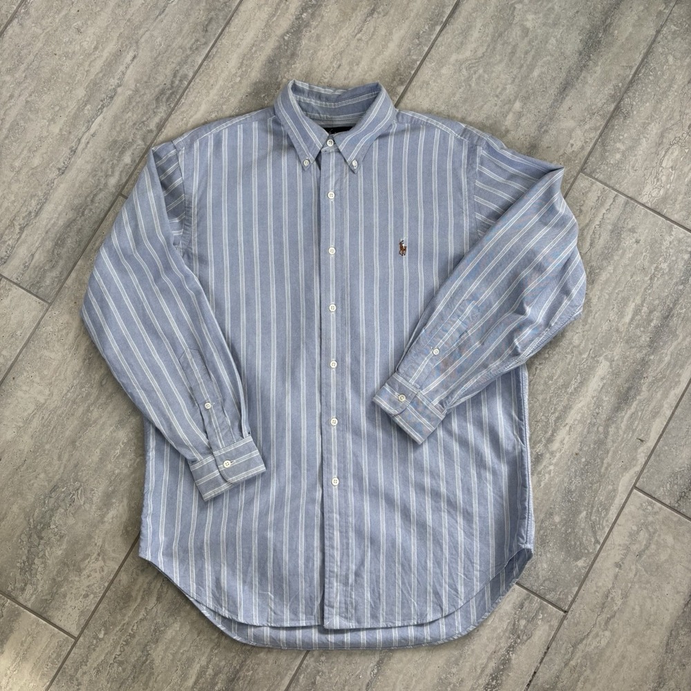 Polo Ralph Lauren Shirt Mens Blue 16 32/33 Blue Striped Oxford Flesh Pony Preppy